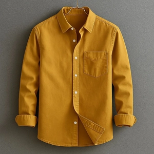Men's casual long sleeve shirt in mustard yellow with single chest pocket and white buttons