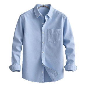 Men's light blue long sleeve casual business shirt with chest pocket and white buttons