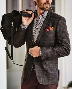 Detail of single-breasted grey plaid blazer with notch lapel and classic flap pockets