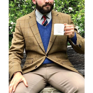 Slim fit men's single-breasted brown plaid blazer jacket in textured tweed fabric