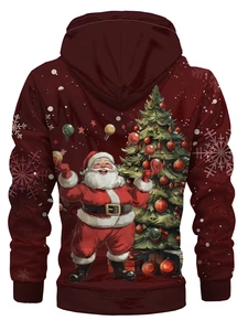 Détail du sweat à capuche de Noël bordeaux avec imprimé numérique 3D du Père Noël