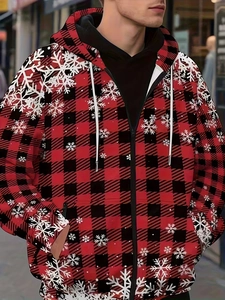 Détail du sweat à capuche de Noël à carreaux rouges et noirs avec flocons de neige