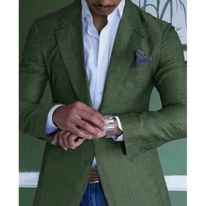 Detail of dark green striped blazer showing textured fabric and stylish notch lapels