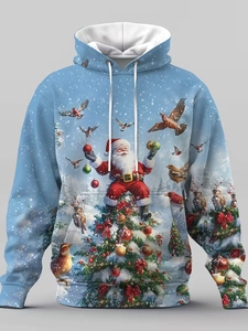 Détail du motif de Noël 3D avec Père Noël sur le tissu d'un sweat à capuche bleu