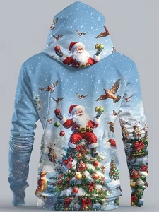 Vue détaillée du dos d'un sweat à capuche avec impression numérique 3D Père Noël et neige