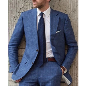 Detail view of men's blue striped blazer fabric texture and single-breasted buttons