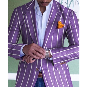 Detailed texture of purple striped linen blazer with silk pocket square and notch lapel