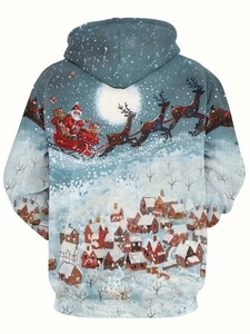 Détail de l'imprimé 3D de Noël avec le Père Noël et les rennes au dos du sweat