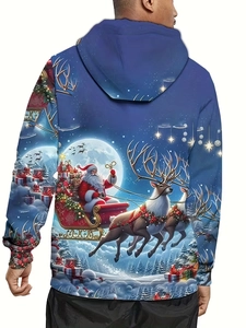 Détail du sweat à capuche bleu montrant l'imprimé 3D de Noël avec le Père Noël au dos