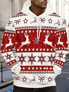 Détail d'un sweat à capuche de Noël pour homme avec motifs cerfs et poche kangourou