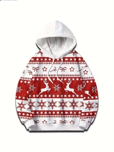 Détail de l'imprimé de Noël 3D avec rennes et flocons sur un sweat à capuche blanc