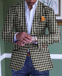 Detail of men's slim fit houndstooth blazer with notch lapel and orange pocket square