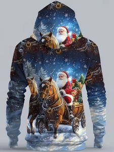 Détail de l'imprimé 3D de Noël avec le Père Noël au dos d'un sweat à capuche bleu marine