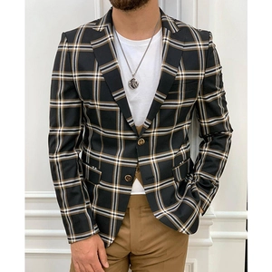 Detail of classic plaid blazer with notch lapel and stylish button-down front design
