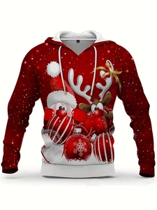 Détail de l'imprimé Noël 3D sur sweat à capuche rouge avec Père Noël et rennes festifs