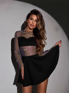 Elegant black sequin mesh patchwork mini dress for women with long sleeves and party style