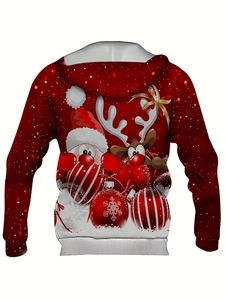 Vue arrière du sweat à capuche rouge de Noël 3D avec imprimé numérique Père Noël et renne