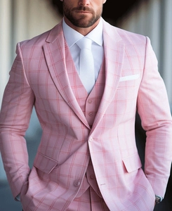 Detail of light pink plaid three-piece suit with blazer, vest and trousers for men