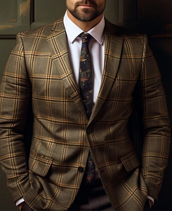 Detailed view of slim fit brown plaid blazer with notch lapel and classic flap pockets