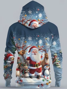 Vue détaillée du dos d'un sweat à capuche bleu foncé avec imprimé 3D de Noël festif