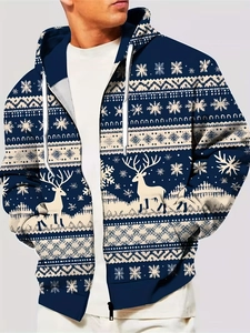 Détails du motif de rennes de Noël et flocons de neige sur un sweat à capuche bleu marine