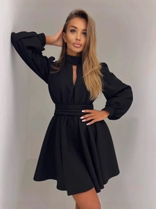 Women Sexy Cut Out High Neck Long Sleeve Mini Dress Solid Color High Waist Pleated A-Line Puff Sleeve Elegant Party Dress