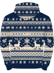 Vue arrière du sweat à capuche de Noël bleu marine avec motifs de rennes et flocons