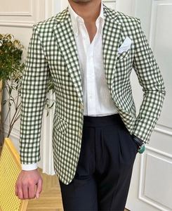 Detailed view of men's slim fit green and white gingham check blazer with metal buttons
