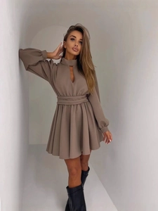 Taupe long sleeve pleated dress with neck cutout and cinched waist for women