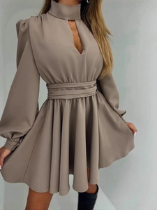 Elegant khaki long sleeve mini dress with hollow waist and pleated skirt for women