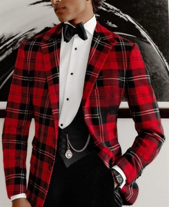 Detailed close-up of red and black tartan plaid slim fit blazer for men with black buttons