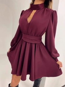 Elegant wine red long sleeve mini dress with waist cutout and pleated A-line skirt detail