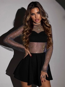 Sexy Women Black Mesh Sequin Mini Dress Heart Splicing Long Sleeve See-Through Party Nightclub A-Line Short Skirt Clubwear