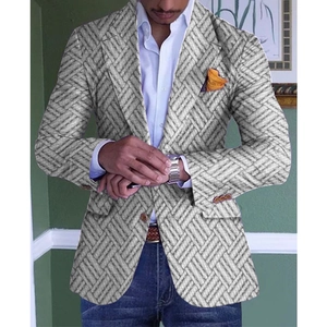Detail of single-breasted striped grey blazer with yellow silk pocket square on male model