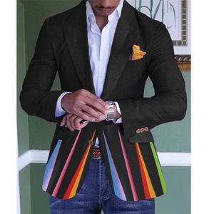 Detail view showing a single-breasted black blazer with colorful striped patchwork at the hem