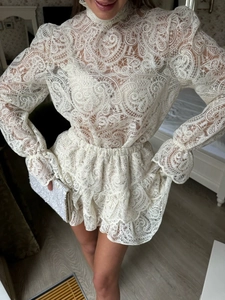 Women's Elegant Lace Two-Piece Set High Neck Lantern Sleeve Top And Tiered A-Line Skirt White Vintage Hollow Out Outfit