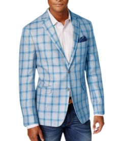 Detailed view of men's slim fit plaid blazer with notched lapels and pocket square