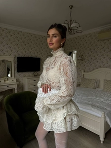 Elegant white lace high neck long sleeve two-piece tiered dress with lantern sleeves