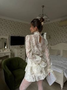 Detailed view of the intricate white lace high collar and back cutout of this elegant dress
