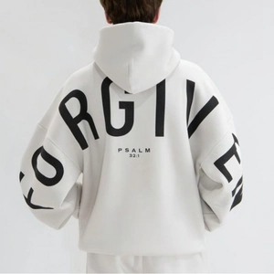 Detailed back view of oversized grey hoodie with FORGIVEN and PSALM 32:1 foam print