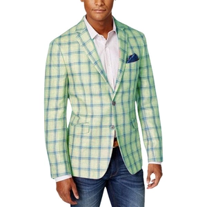 Detail of light green and blue plaid casual blazer with pattern pocket square and shirt