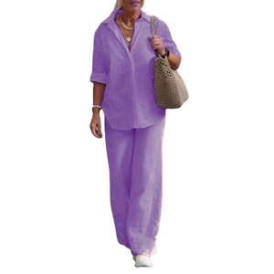 Close-up of purple casual two-piece set featuring a collared shirt and wide-leg trousers