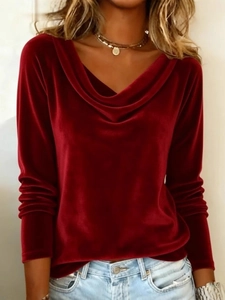 Elegantes, tiefrotes Samt-Langarmshirt mit drapiertem Wasserfall-Ausschnitt für Damen