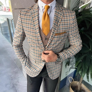Men's slim fit plaid blazer three-piece business suit in orange and grey check pattern