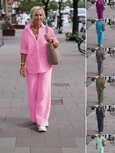 Women Casual Cotton Linen Button Down Shirt And Wide Leg Pants Solid Color Lapel Long Sleeve Top Elastic Waist Trousers Vacation Outfit Daily Wear