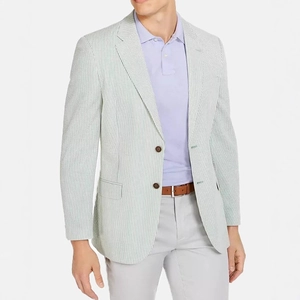Men's slim fit seersucker blazer with green and white vertical stripes and two-button closure