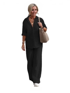 Women's black two-piece casual set featuring a lapel shirt and wide-leg trousers