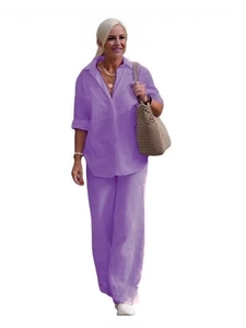 Women's two-piece purple linen set with lapel shirt and wide-leg trousers for casual style