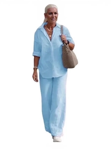 Sky blue two-piece linen casual set with lapel shirt and high waist wide leg pants