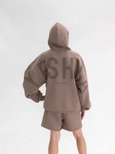 Brown oversized hoodie and shorts set featuring YESHA back print foam lettering